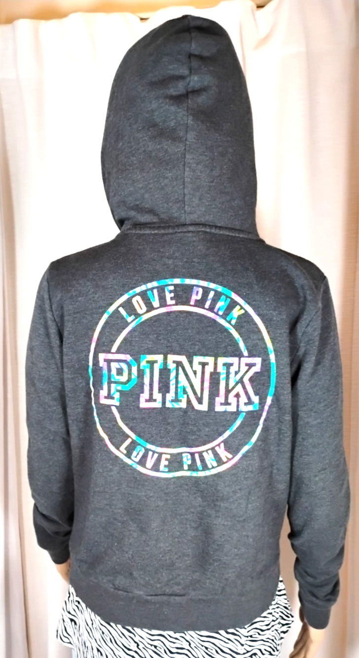 PINK Womens Hoodie Zip Sweatshirt Gray Logo Graphic Small Athleisure Streetwear